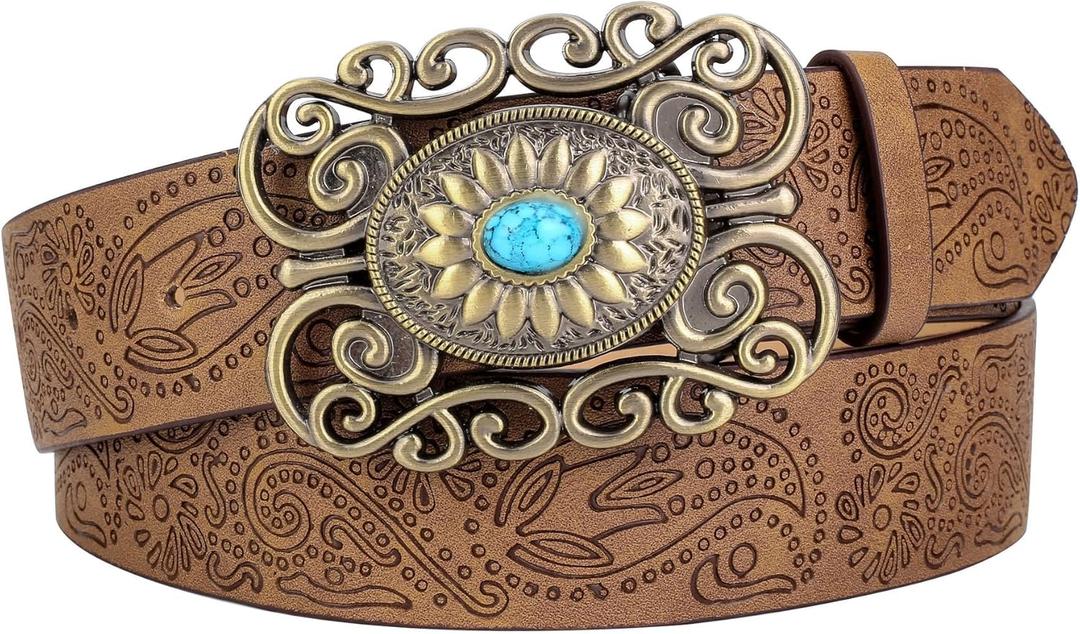 Ayliss Women Western PU Leather Belt Vintage Country Belts Concho With Turquoise Buckle Cowgirl Jeans Dresses Floral Engraved (for 27-36'' waist, Brown)