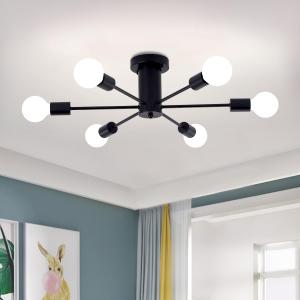 Black Modern Sputnik Ceiling Light Fixture, 6-Light Sputnik Chandelier, Semi Flush Mount Ceiling Light for Dining Room, Kitchen, Bedroom, Living Room Lighting Fixtures - E26 Socket