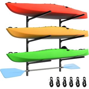 Kayak Storage Rack, Kayak Wall Mount Rack, Kayak Rack for Garage, 3 Tier Adjustable Kayak Racks for Hanging Indoor Outdoor Holds 300 LBS