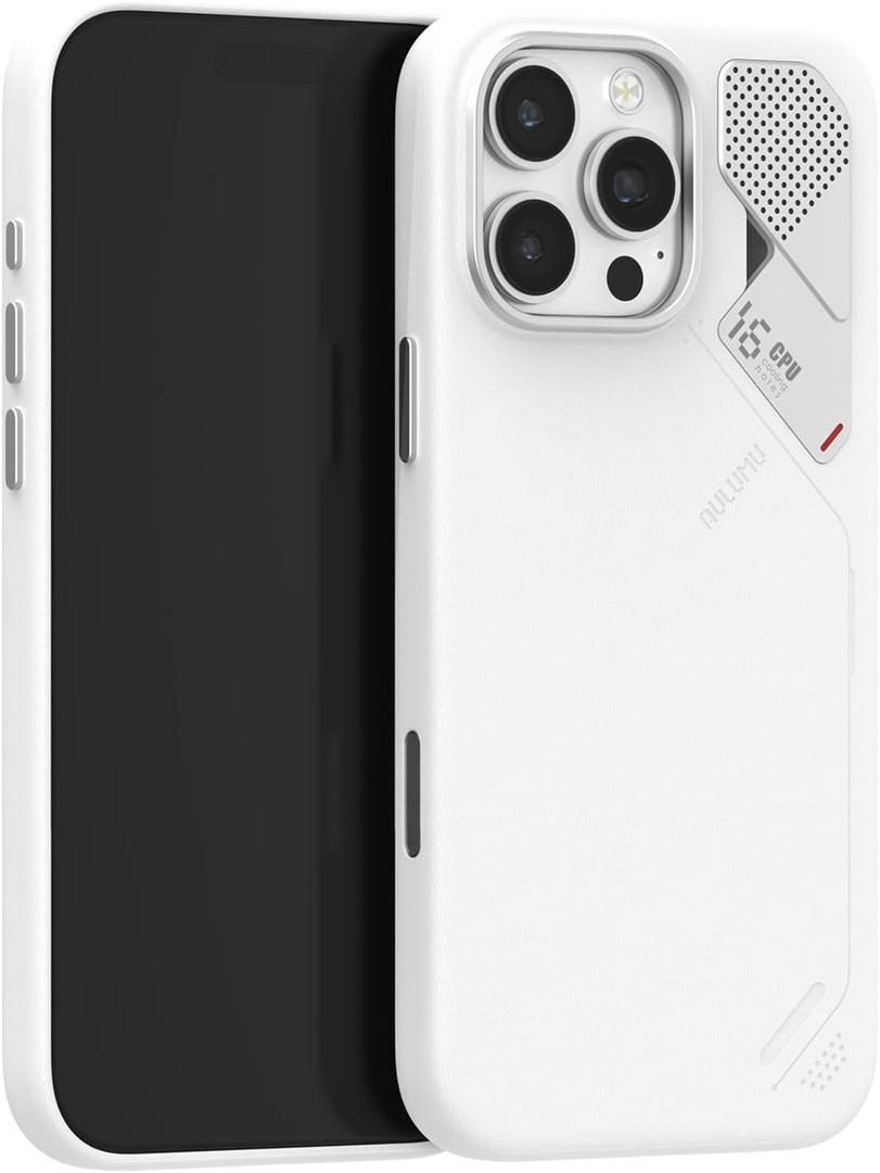 Aulumu A16 Vegan Leather Cooling iPhone 16 Pro Max Case | Updated Camera Control | with Cooling Fins | Luxury Comfort | Compatible with MagSafe | Complete Wrap-Around - Touch White