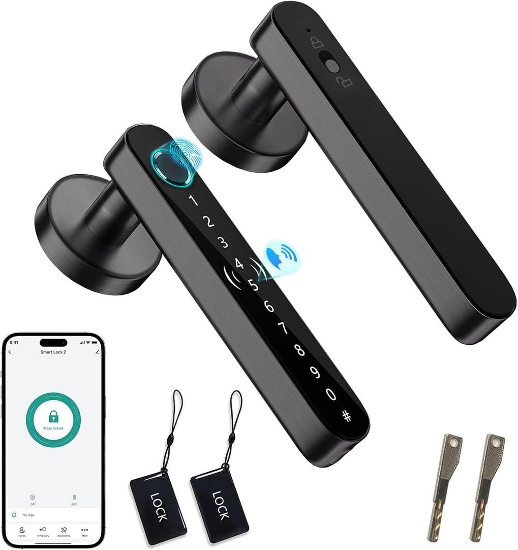 Fingerprint Door Lock Smart Voice Guidance Door Knob with Keyless Entry, Door Locks for Bedrooms, Home Hotel Office Apartment Rental House Fingerprint Door Knob, Easy to Install (Black) (Door thickness:1-9/16" to 2-3/16"(40-55mm))