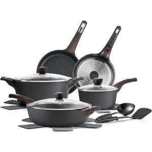 SENSARTE Pots and Pans Set Non stick, Non toxic Healthy Induction Cookware Sets, 14 Pcs Non Stick Kitchen Cooking Set with Frying Pans Set & Saucepan, PFOA PFOS Free, Black