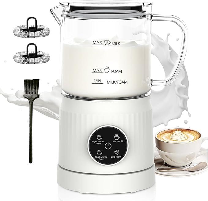 4-in-1 Milk Frother, Electric Milk Frother and Steamer with LED Touch Screen, Ceramic Lining Bottom, Milk Warmer 13.52oz for Lattes, Cappuccinos, and Macchiatos at Home, White