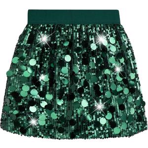 DAXIANG Girls Sparkly Sequin A Line Skirt Kids Elastics Waist Shiny Skirt with Built in Shorts for Party Birthday 5-6 Years (Green)