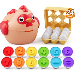 Matching Eggs for Toddlers 1-3, 24PCS Play Eggs in Carton, Chicken Montessori Geometric Sensory Toys, Color Shape Sorting Stacking Block Easter Gifts for Baby Boys Girls