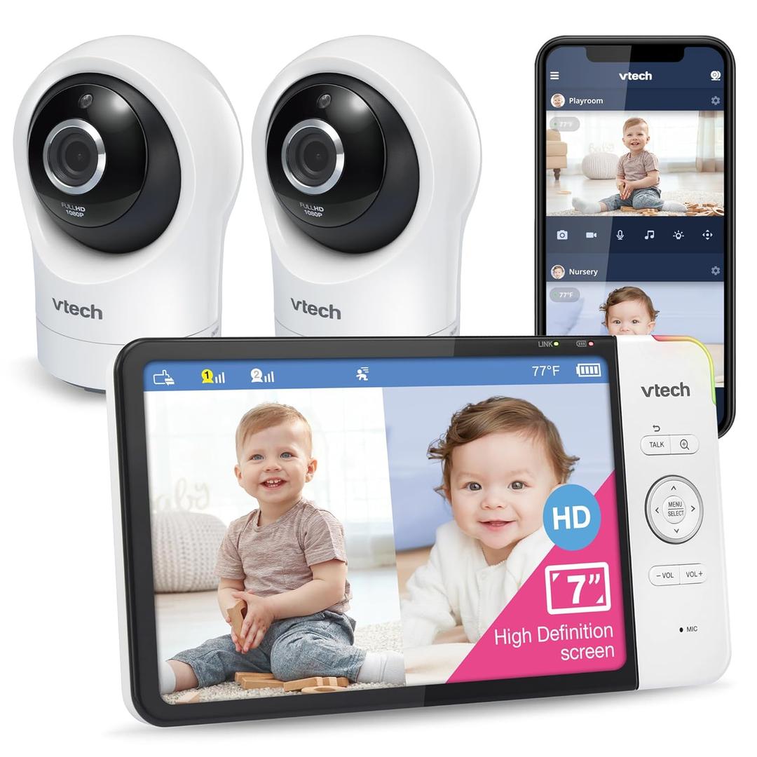 VTech RM7764-2HD Smart WiFi 2 Camera BabyMonitor, 360 Pan&Tilt, 10X Zoom, 7 HD Display & NightVision, Soothing Sounds, 2-Way Talk, Temperature & Motion Detection