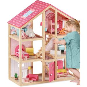 Tiny Land Wooden Dollhouse for Girls - 6 Rooms Wooden Doll House, DIY Pretend Doll House with 31Pcs Furniture Accessories, Creative Gift for Girl Ages 3+ (Pink)