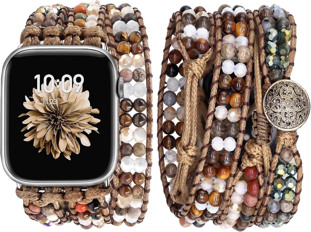 JR.DM Boho Beaded Watch Band Women Compatible with Apple Watch Band 38mm 40mm 41mm 42mm(S10) Brown Stone Bracelet Adjustable Handmade Braided Rope Watch Strap for iWatch Series 10/9/8/7/6/5/4/3/2/1/SE (38/40/41/42mm(S10)-Fit wrist 5.5" -7.2", A Brown Stone Beaded)