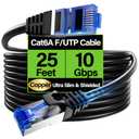 Cat6A Ethernet Cable Shielded 10Gbps 25 ft, Slim Shielded (F/UTP) Ethernet Cable Cat 6, Flexible 28AWG Bare Copper Cat6 Cable, Space-Saving Cat 6a Network Cable for Server, Data Center, Black