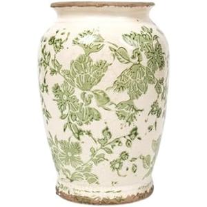 Vintage Vase for Flowers, Green Floral Chinoiserie Vase, Rustic Ceramic Vases, Large Ceramic Vases for Living Room, Office, Shelf, Tuscan Decor, Chinoiserie Decor, 7.8 Inch