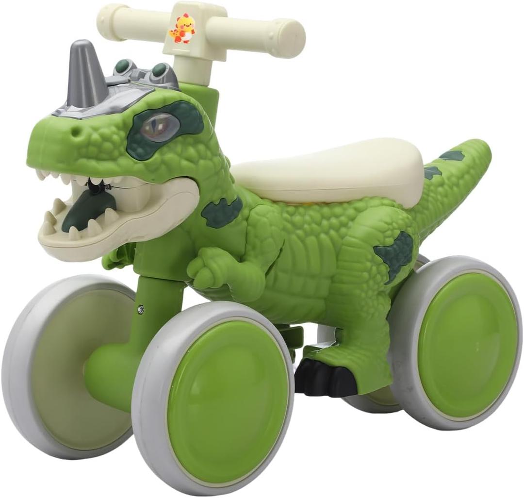 Dinosaur Balance Bike for 1-3 Year Olds, 4-Wheel No-Pedal Bike for Walker, Ride on Toys for Toddlers with Music and Mist Spray, First Birthday Gift for Boys & Girls (Green)