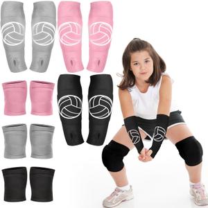 Sosation 3 Set Volleyball Arm Sleeves and Knee Pads for Kids Soft Forearm Sleeves with Protection Pad Thumbhole Volleyball Accessories for Training Youth Girls Boys 5-8 Years Old (Pink, Black, Gray)