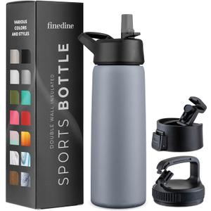 FineDine Triple Walled, Insulated Water Bottles with Straw - 25 Oz Stainless Steel Metal Bottle W/ 3 Leak Proof Lids - For Travel, School, Sports, Gym/Men, Women & Kids - Modern Lava Gray