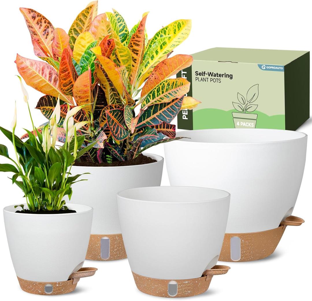 Self-Watering Pots for Indoor Plants 4 Pack, 6/8/10/12 Inch Outdoor Planters with Water Level Indicator & Deep Reservoir, Decorative Flower Pots for Home Decor (White, 12+10+8+6 Inch)