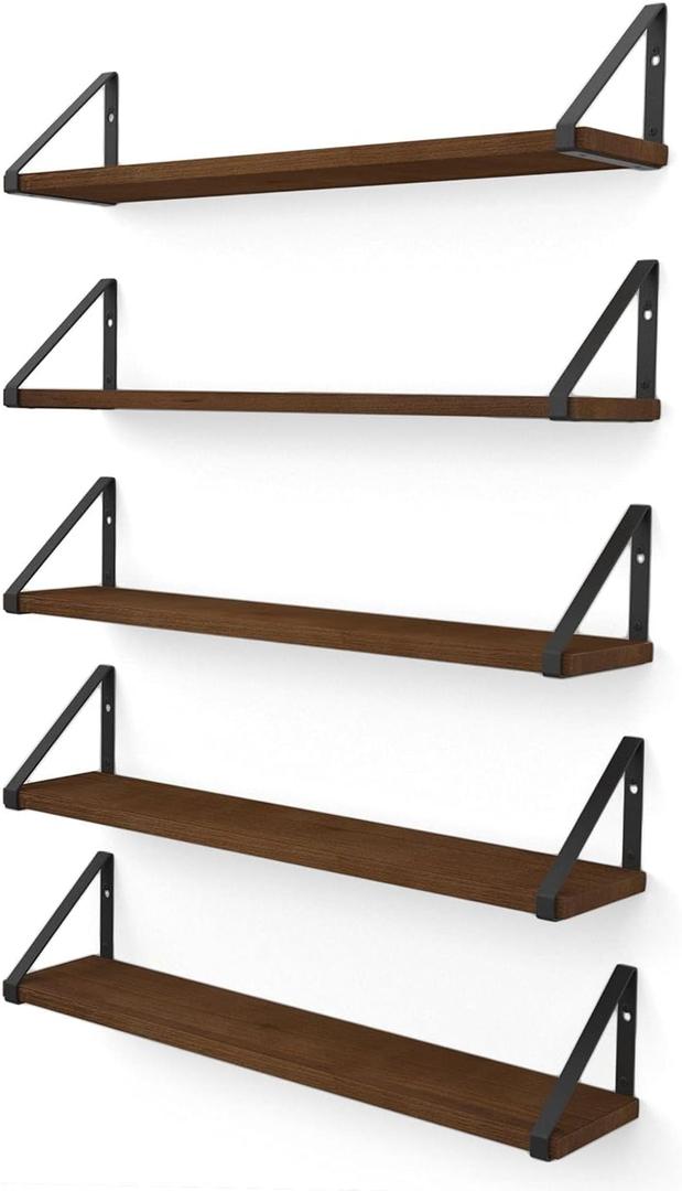Wallniture Ponza Floating Shelves for Wall, 24" Floating Bookshelf, Wood Wall Shelves for Bedroom Decor, Walnut, Set of 5, 24"x4.5"