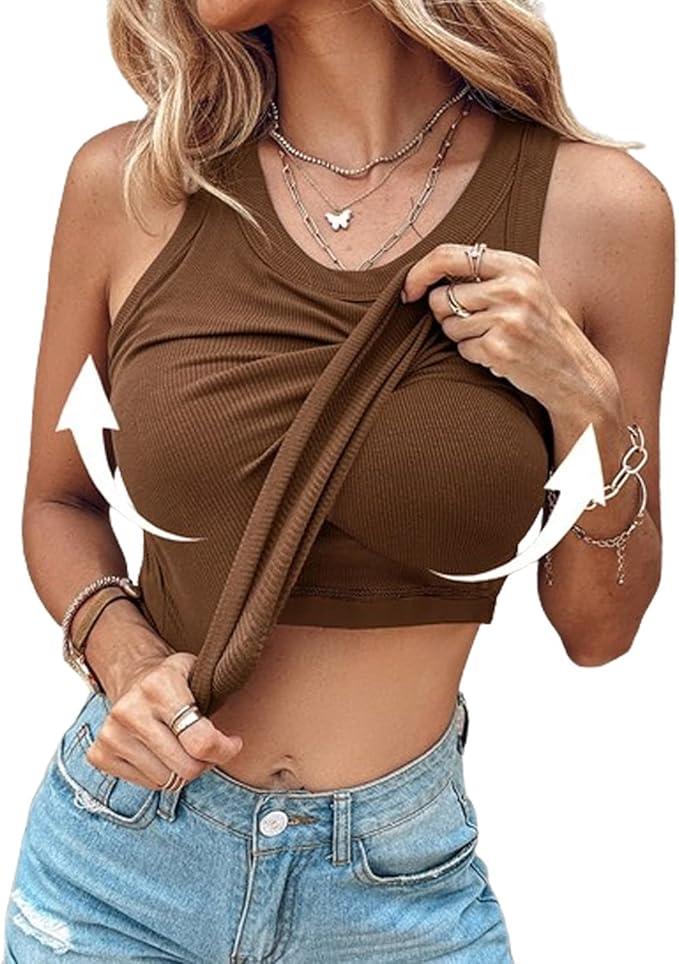 Chic-Me Tank Top with Bra, Ribbed Tank Top with Built in Bra, Round Neck Ribbed Tank Top with Bra Pads