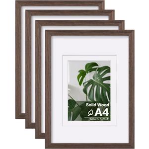 Egofine A4 Picture Frames Set of 4, Made of Solid Wood Covered by Plexiglass 5x7 and 6x8 with Mat or A4 without Mat, for Table Top Display and Wall Mounting Photo Frame Brown