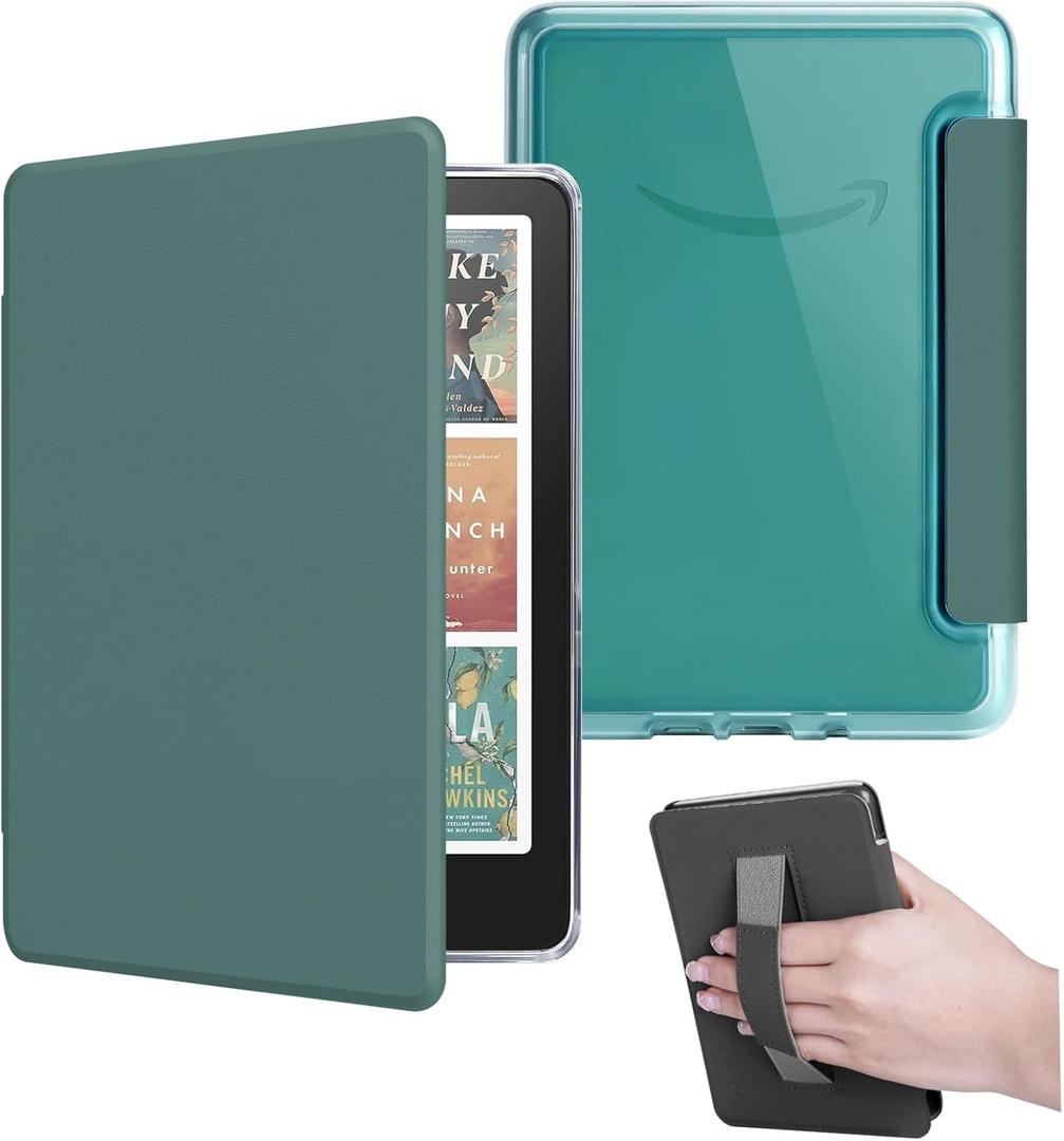 Case for All-New 7" Kindle Paperwhite 12th Gen 2024 and Kindle Colorsoft Signature Edition, Light PU Leather Cover and Transparent Hard Back with Hand Strap, Auto Sleep/Wake, Midnight Green