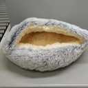 ShinHye Cozy Cat Bed - Round Plush Fluffy Hooded Cave, Indoor/Outdoor, Waterproof & Washable, Calming Anti-Anxiety Design - 23x23 Inch, Grey