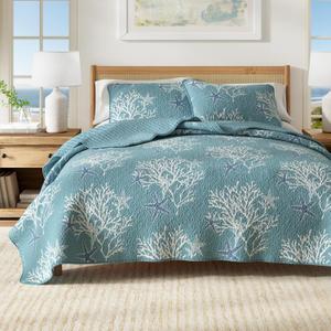 Great Bay Home Twin/Twin XL Coastal Quilt Bedding Set, Summer Coastal Quilt with Sham, Beach 2-Piece Reversible All Season Bedspread Quilt Set. Lightweight Nautical Quilted Coverlet.Ether Blue
