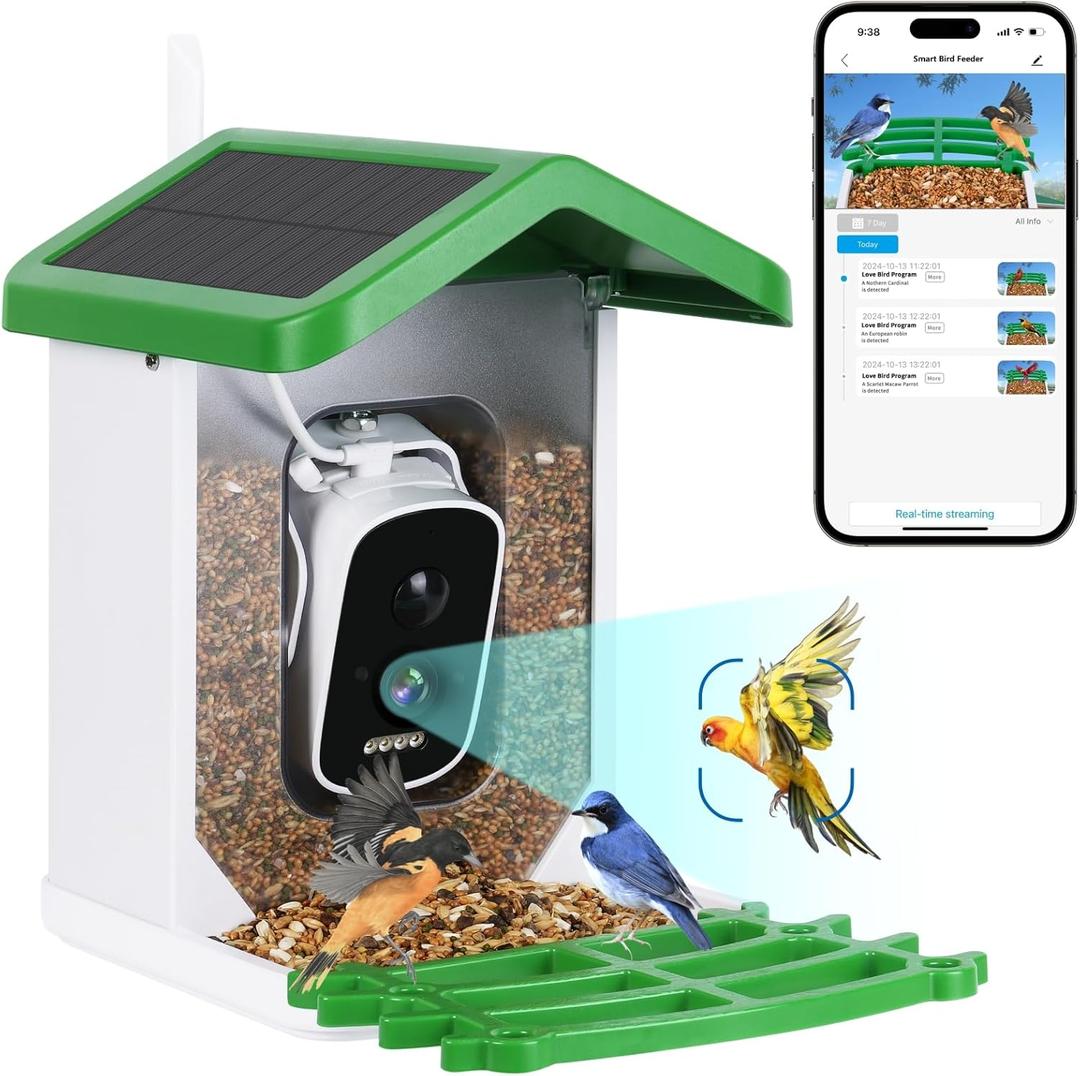 seanme Smart Bird Feeder with Camera Solar-Powered | 2.5K HD Live View, AI Identify 10,000+ Birds | Instant Alerts & Weatherproof Design | Bird Watching Birthday Gift for Mom/Father/Grandparents (Green)