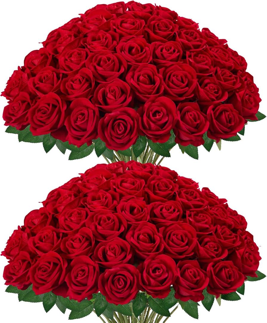 InnoGear 50 Pcs Red Roses Artificial Flowers, Fake Velvet Silk Rose Bulk Faux Flower for Valentine's Gift Decoration DIY Wedding Centerpieces Proposal Bridal Bouquets Party Floral Decor (50, Red)