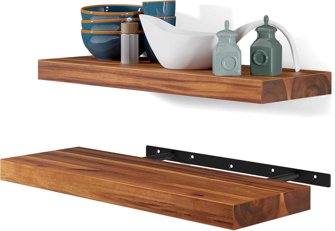 BATODA Set of 2 17" Acacia Wood Floating Shelves Wall Mounted  Rustic Farmhouse Wooden Wall Storage Shelf for Bedroom, Kitchen, Home Dcor - Brackets and Shelving Mounting Hardware Included