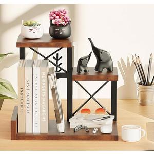 Abiglifty Desk Shelf Organizer, Wooden Desktop Organizers, 3 Tier Desk Hutch Small Bookshelf, Nightstand Organizer, Riser Display Stand for Office, Dorm, Home (Brown)