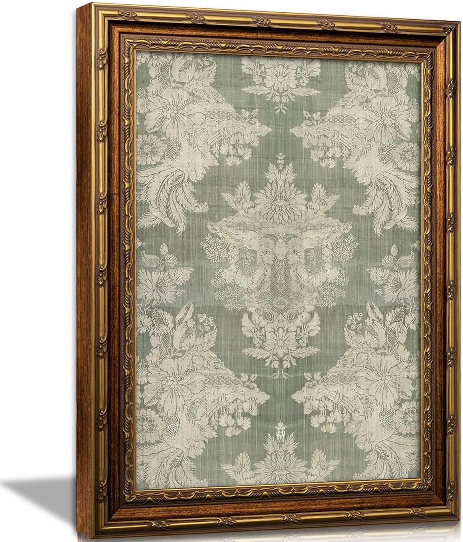 Vintage Gold Framed Pattern Wall Art, Sage Green Cottagecore Decor, Rustic Farmhouse Damask Canvas Prints, Antique Botanical Picture for Home Office Bathroom Bedroom, 16x24 Inch
