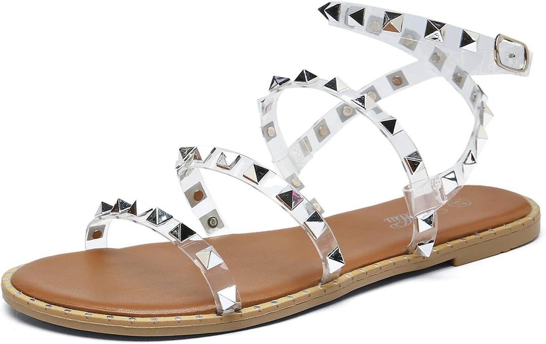 katliu Women's Flat Sandals Strappy Studded Sandals Gladiator Sandals with Ankle Strap (8.5, Clear)