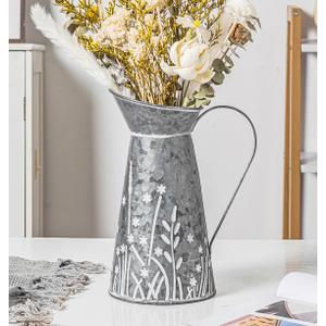 Vintage Galvanized Metal Pitcher Vase, Farmhouse Rustic Flower Vase with Handle, Decorative Floral Milk Jug Vase for Home Dcor, 10.8H