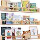 Nursery Book Shelves for Kids Rooms - 32 Inches Floating Wall Bookshelves Set of 3, Space-Saving Nursery Shelves with Beads Design for Kids Room, Bedroom and Study Room(Natural)