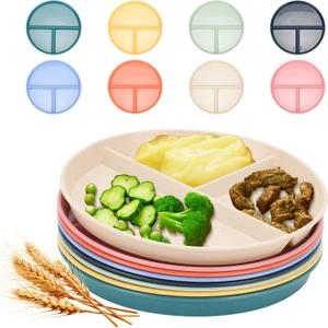 9-Inch Unbreakable Divided Plates, 8-Pack Microwave & Dishwasher Safe Wheat Straw Plates, BPA-Free, 3-Compartment Portion Control Plates, Durable Dinnerware