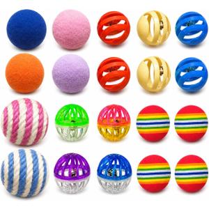 Cat Toys for Indoor Cats, Cat Toys Balls, 20 Packs Interactive Cat Toy Set with Colorful Bell, Jingle Bell, Rainbow, Pompom and Sisal Ball for Kittens