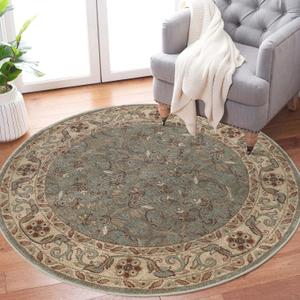 Superior Indoor Area Rug, Jute Backed Rugs for Bedroom, Living/Dining Room, Office, Entryway, Hallway, Kitchen, Traditional Floral Scroll Floor Decor, Heritage Collection, Green, 5' Round
