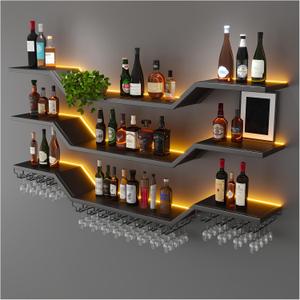 55.1in Modern LED Wine Rack Wall Mounted, 3-Tier Floating Bar Shelves with Wine Glass Rack, Large Hanging Liquor Shelf Wall Mounted, for Home Bar Dining Room Cafe Decorative (Black, 55.1in/140cm)