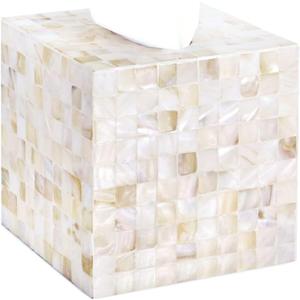 PEMAR Handcrafted Wooden Tissue Box Cover for Small Cube Tissue Boxes Only (Max Inner Size 4.7)  Mother of Pearl Inlay Decorative Tissue Holder for Bathroom, Living Room & Office (White Sand)
