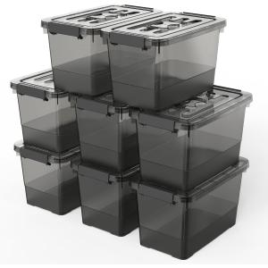 8-Pack Clear Black Plastic Storage Bins with Lids/Handles, 7 Quart Latch Organizer Boxes, Stackable Storage Containers for Organizing