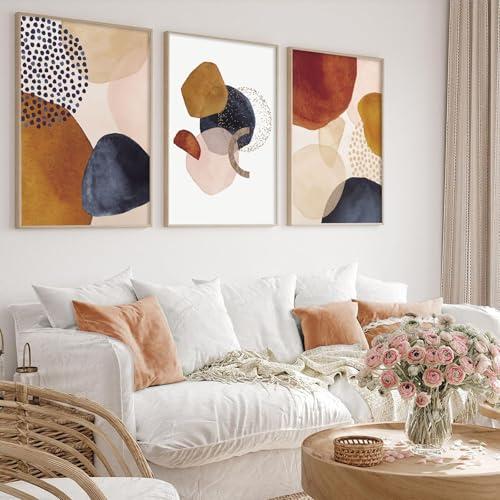 Dthllay Blue Orange Terracotta Wall Art Canvas Abstract Geometric Pictures Modern Orange and Blue Paintings Brown Wall Prints for Living Room Decor x3pcs Frameless