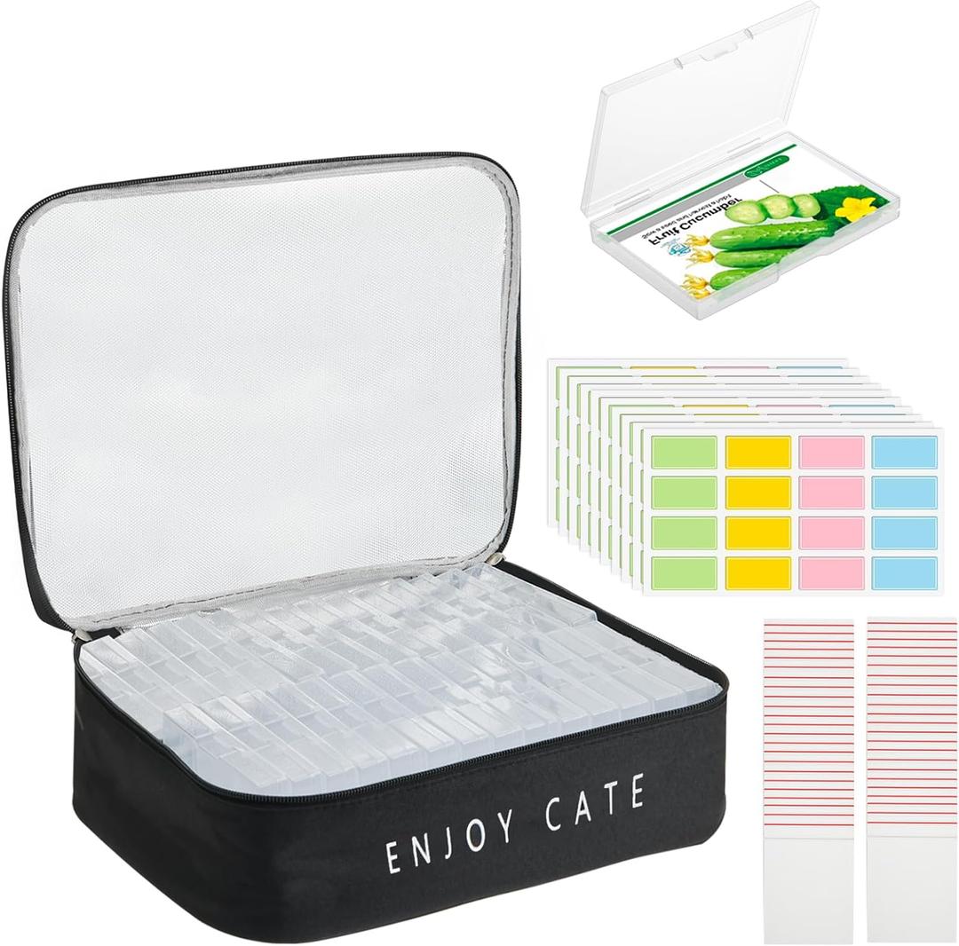24 Slot Seed Storage Organizer Box with Insulated Bag with Dual Zipper Bag, Garden Seed Organize Sealed Bags and Label Stickers Saving Container Keeper Set for Garden Vegetable Flower Plants
