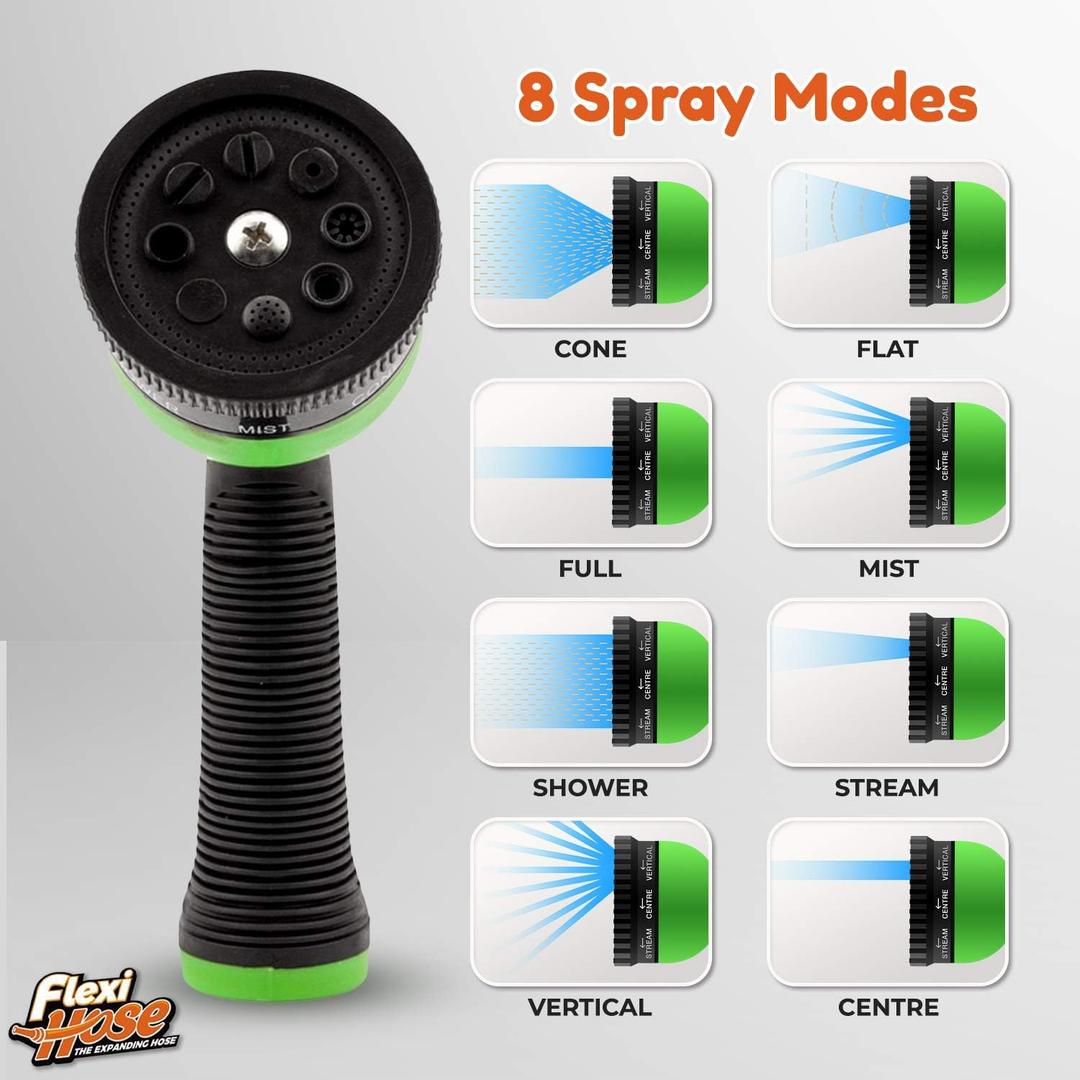 Flexi Hose Front Adjustable Trigger Nozzle with Slip Resistant Grip, 360-Degree Spray Regulator Ring, Water Flow Control Tab, On-Off Trigger and Locking Clip to Allow Continuous Spray