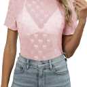 Women's Mesh Lace Top Sheer Short Sleeve T Shirt Mock Neck Summer Blouses (Pink, S)