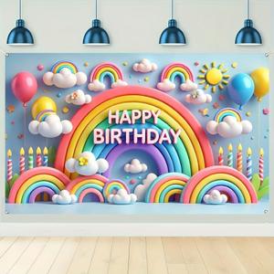 Rainbow Clouds Happy Birthday Backdrop Banner Colorful Balloons and Candles Theme Birthday Banner Birthday Background Party Decoration