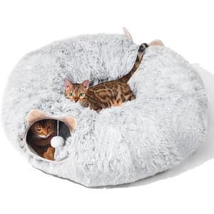 Cat Tunnel with Cat Bed for Indoor Cats, Under Christmas Tree Soft Plush Peekaboo Cat Cave Donut Tunnel, Multifunctional Playground Toys Hideplace for Kittens, Rabbit, Ferret (Grey)