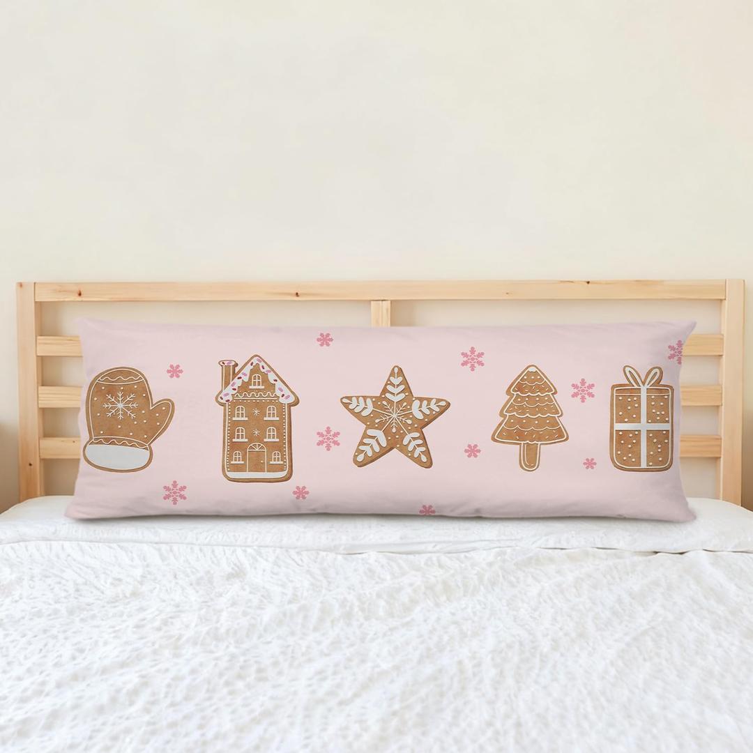 Christmas Tree Gingerbread Snowflake Body Pillow Pillowcase,Pink Snowflake Christmas Decor,Winter Holiday Xmas Gingerbread House Decorative Long Body Pillow Cover for Adults Women,20x54 Inches