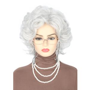 Topcosplay 5pcs Set White Old Lady Wig and Accessories Short Curly Granny Costume Wig Grandma wig Halloween Party Wigs