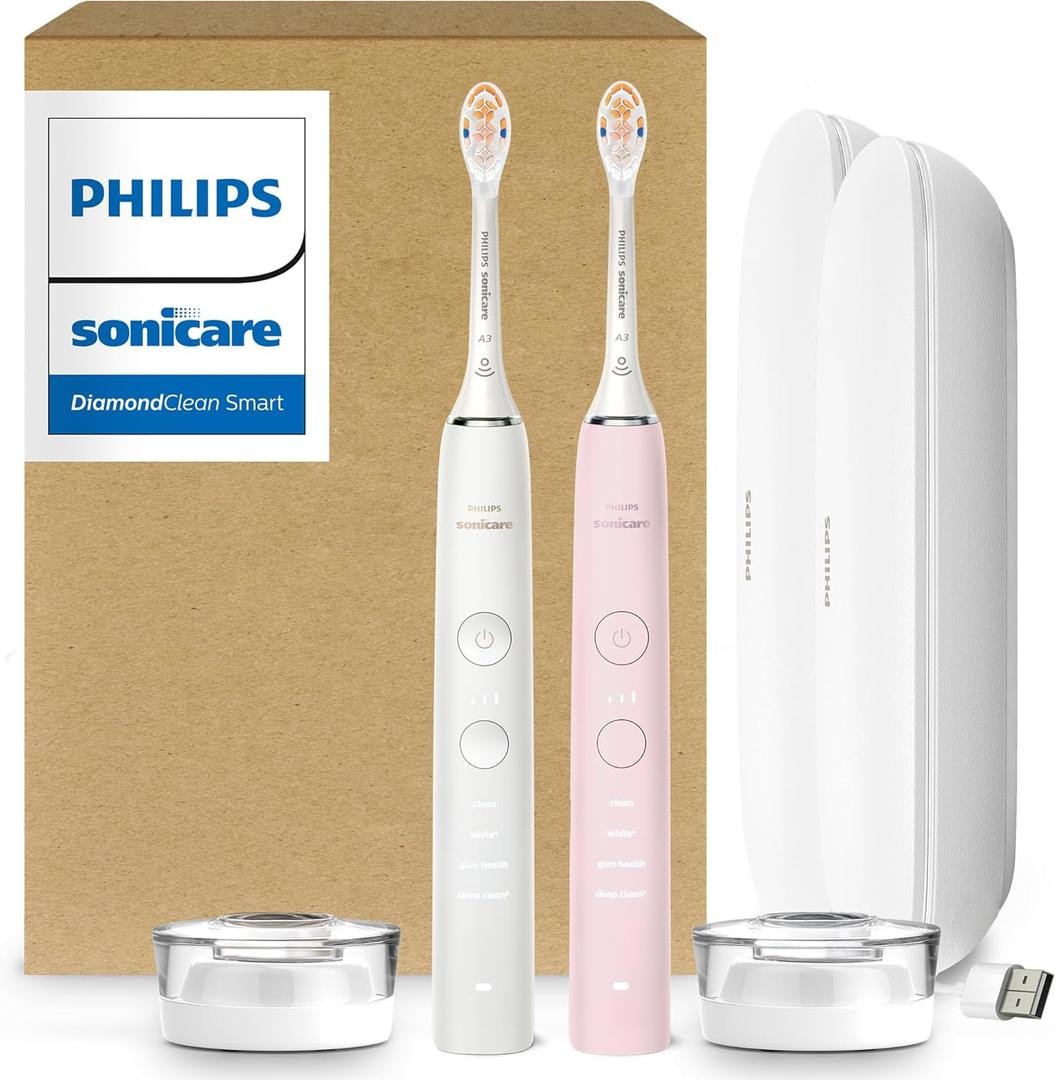 Philips Sonicare DiamondClean 9000 Electric Toothbrush - Sonic Toothbrush with App, Pressure Sensor, 12 Brushing Settings, Replacement Reminder, USB Charging Case, Black & Rose Gold, 2-Pack, HX9912/71, Rose and White