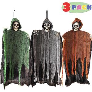 3 Pack Halloween Hanging Skeleton Ghost Decorations, 36" Scary Grim Reaper for Outdoor & Indoor Decor, Haunted House Party Supplies, Spooky Yard Halloween Decoration, House Props