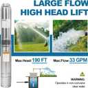 WASSERMANN 4" Deep Well Submersible Pump with 10FT Cable, 1HP, 230V/60HZ, 33GPM, 190FT Head, Stainless Steel Submersible Well Pumps Borehole Water Pump for Home, Factories, Irrigation, Farmland