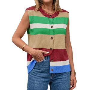 Tankaneo Womens Color Block Striped Sweater Vest Tops Summer Casual Button Up Knit Sleeveless Cardigan Tank Tops Khaki (L)